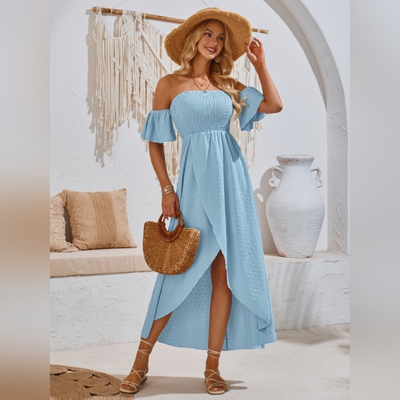 High-Low Smocked Short Sleeve Midi Dress - Picture 2 of 6